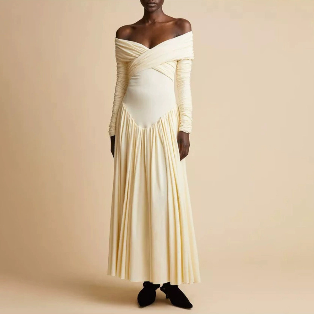 ZARA Winter Fashion Off Shoulder Strapless Low Waist Pleated Cross Long Dress